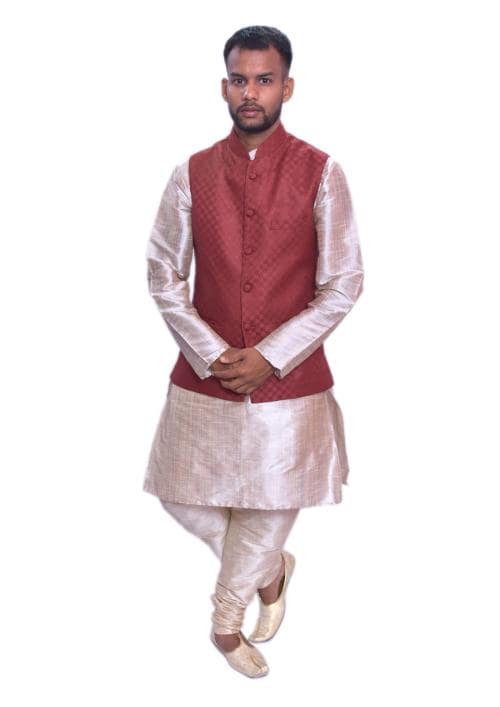 Mag Men's Double Tone Matching Kurta Churidar With Designer Red Joot Waistcoat