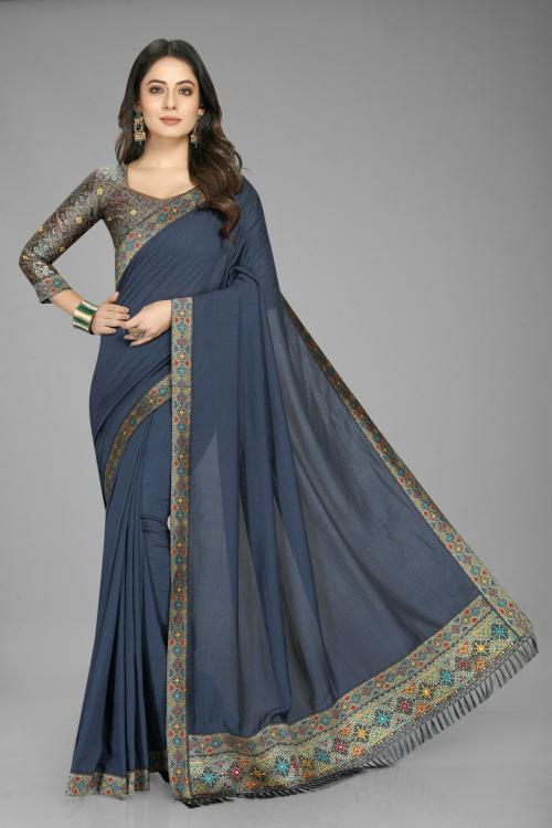 SWIFFIN Premium Collection Vichitra Silk Banarasi Royal Blue Saree For Women/Women Saree With Unstitched Blouse-MUSKAN-ROYAL BLUE