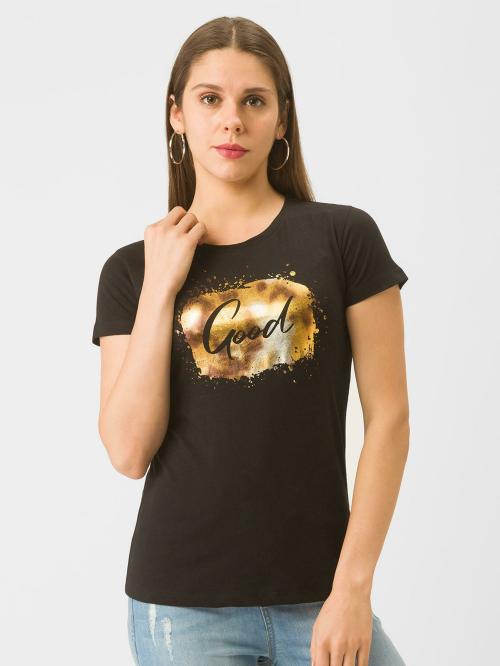GLOBUS Women Black Printed Cotton Tshirt