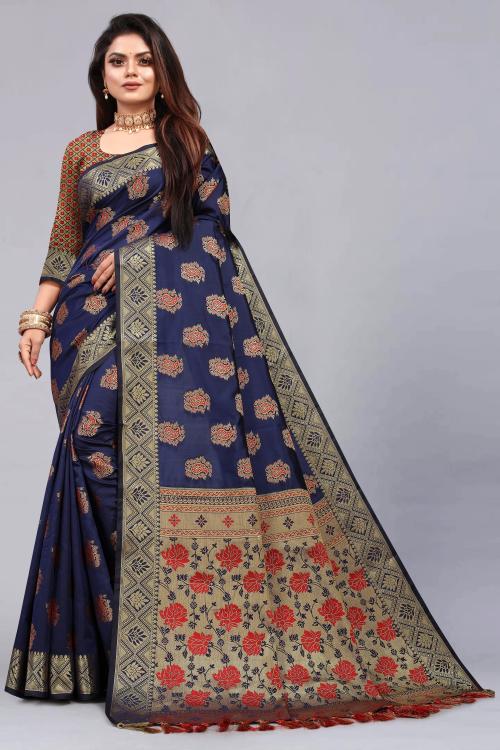SHREE KRISHNA SHOPPING Women Blue Embellished Nylon and Cotton Silk Saree with Unstitched Blouse Piece - 5.5 m