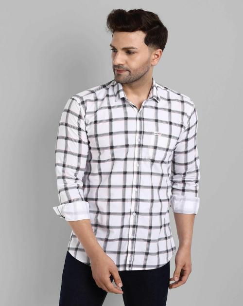 Majestic Man Men Checkered White Pure Cotton Shirt