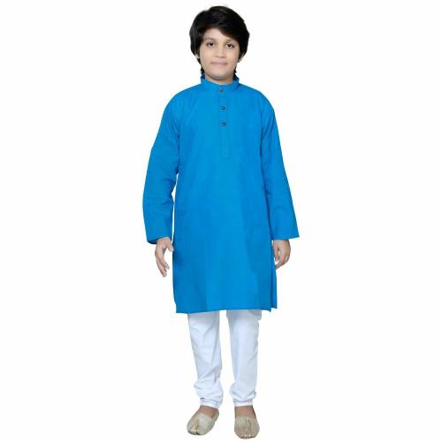 Baba & Baby Boys Traditional Ethnic Wear Handloom Cotton Plain Blue Colour Kurta with White Pyjama Set (Blue, 10-11 Years)