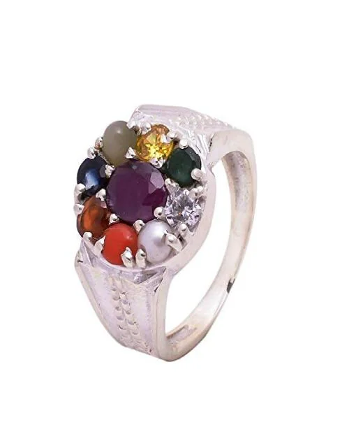 CEYLONMINE SILVER NATURAL CERTIFIED NAVARATNA STONE ORIGINAL 9 GEMS RING FOR WOMEN