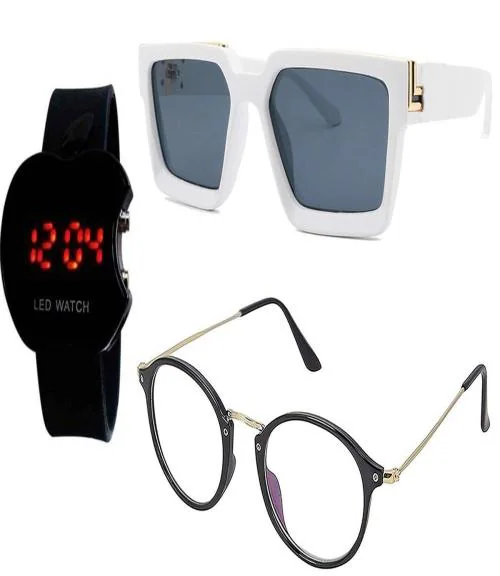 Younky Combo of Stylish Wayfarer & Round Sunglasses for Men And Women |SPP022-1011|Clear| With Led Watch