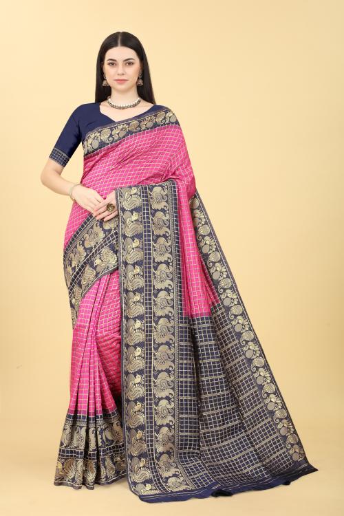 NENCY FASHION Women Pink Woven Jacquard Banarasi Saree with Semi Stitched Blouse Piece (DK650)