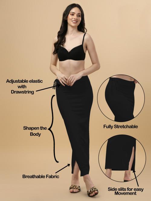 WOO THING Women's Shapewear Polyester Saree Shapewear Petticoat Stretchable Thigh & Hip Shaper Saree Silhouette Shapewear for Women-BLACK-XL