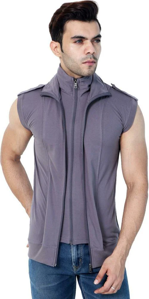 Black Collection Solid Men's Zipper Sleeveless T-Shirt Silver| T shirt for men| Tshirt| Tshirt Men|hoodies for men