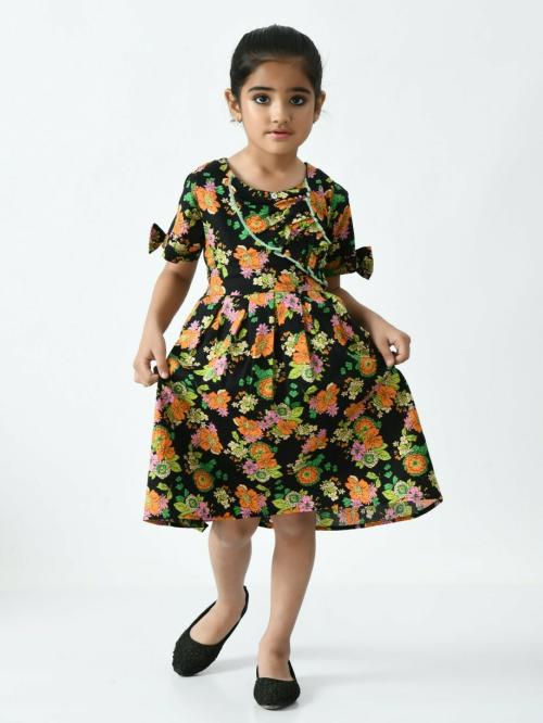 Bella Moda Cotton Casual Fit And Flair Printed Half Sleeve Girls Dress Black