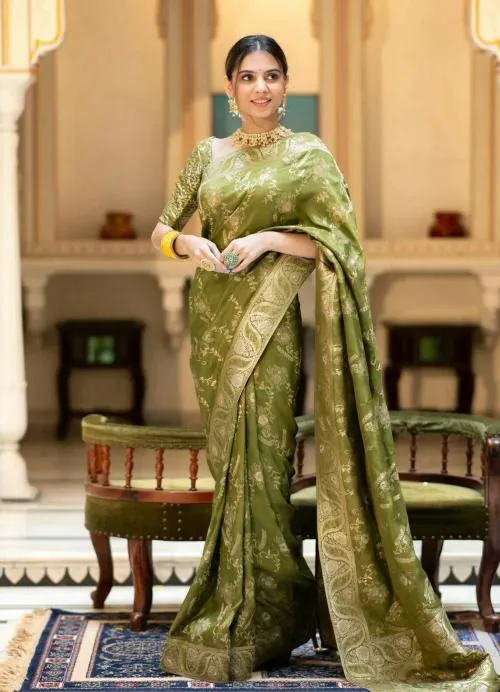 Pheasant Women JACQUARD Woven Design Work MEHNDI GREEN Color Saree For women,Women Saree,Sarees,Saree for Wedding,Wedding