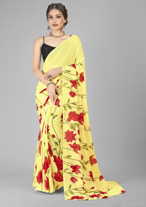 Anand Women Yellow Self Design Pattern Georgette Single Saree Without Blouse