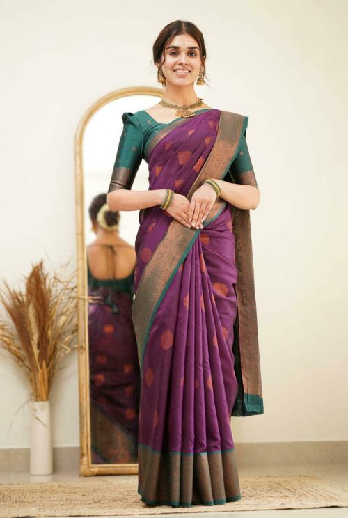 NIMIDIYA Women Wine, Rama Woven Design Jacquard Kanjivaram Saree With Unstitched Blouse Piece (Free Size)