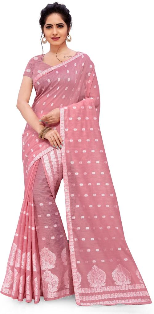 SHREE KRISHNA SHOPPING Women Offpink Woven Assam Silk Cotton Blend Saree with Unstitched Blouse Piece - 5.5 m