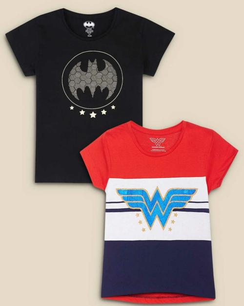 Kids Girls Dc Comics Printed Multi Coloured Pack of 2 Tshirts