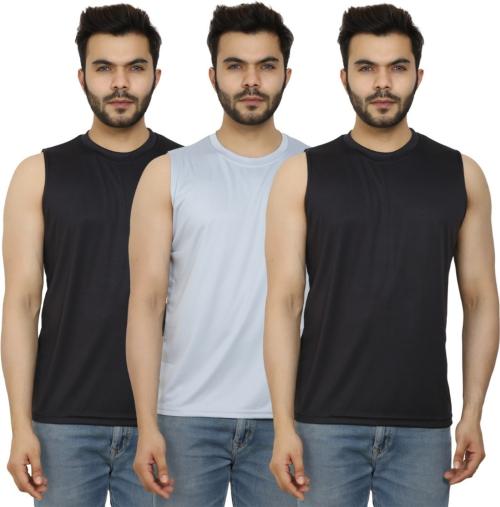 PRIME PLUS Black and Grey Solid Round Neck Sando Vest - M (Pack of 3)
