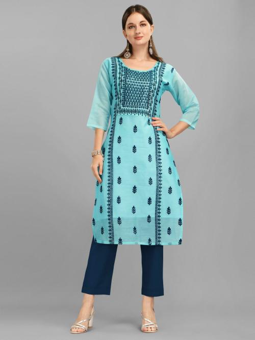 OXIT CLASS Women Sky Blue Embroidered Chanderi A-Line Kurta (XL)