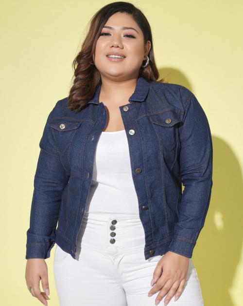 BuyNewTrend Solid Plus Size Dark Blue Women Denim Jacket