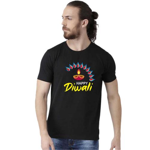 BRATMA Men Black Happy Diwali Printed Cotton T-Shirt (M)