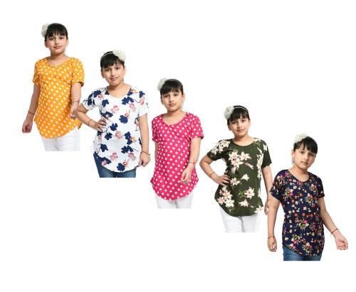 IndiWeaves Girls Digital Floral Printed Half Sleeves Crepe Tops (Pack of 5)