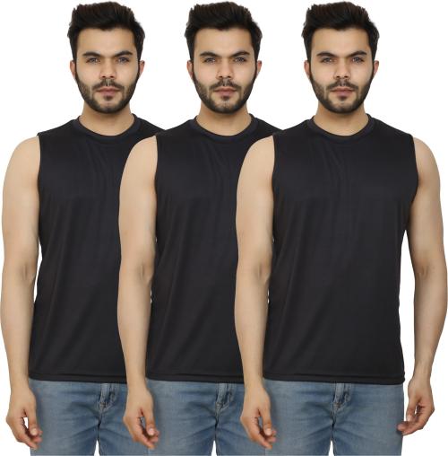 PRIME PLUS Black Solid Round Neck Sando Vest - XL (Pack of 3)