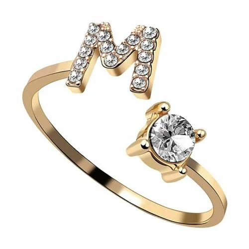 Zivom Initial Letter Alphabet M Cubic Zirconia Gold Copper Free Size Ring For Women
