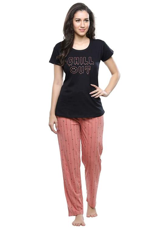 DZZO Women Black Printed Cotton TShirt And Pyjamas Set (S)