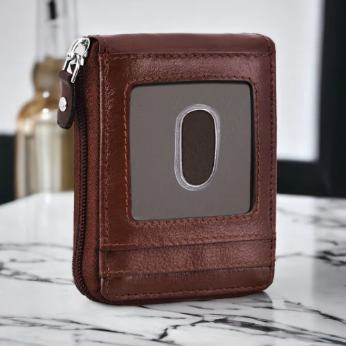 Lorenz Genuine Leather 9 Slot Vertical Credit Debit Card Holder Money Wallet Zipper Coin Purse for Men Women | Brown Bi-fold wallet | GL-37