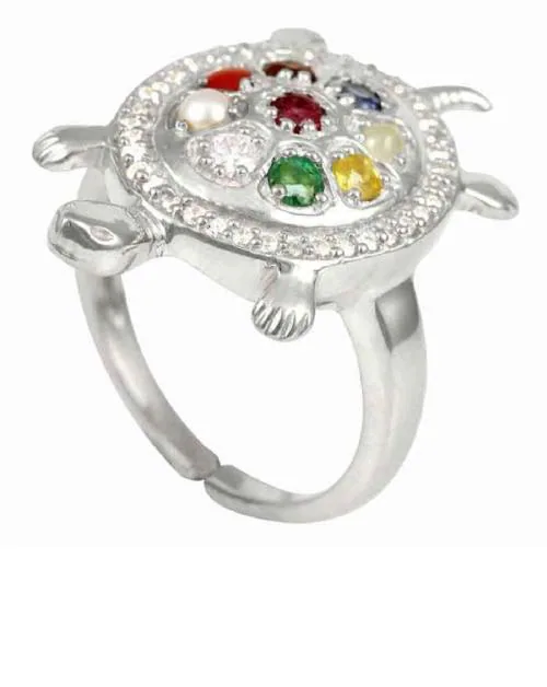 Ceylonmine Navratna Tortoise Turtle Ring With Lab Certified Stone Crystal Silver Plated Ring