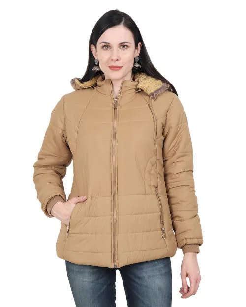 Xohy full Sleeve Solid Women's Detachable Hood Nylon Jacket-Khaki
