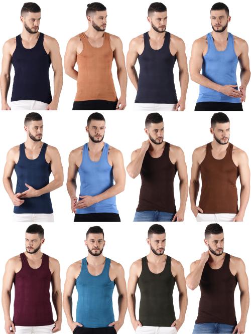 DOLLAR Lehar Men's Assorted Multicolor Solid 100% Cotton Pack of 12 Sleeveless Vest