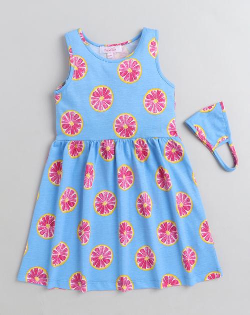 Hopscotch Girls Cotton Sleeveless Fruit Print Casual Dress In Blue Colour For Ages 5-6 Years (HSP-3689437)