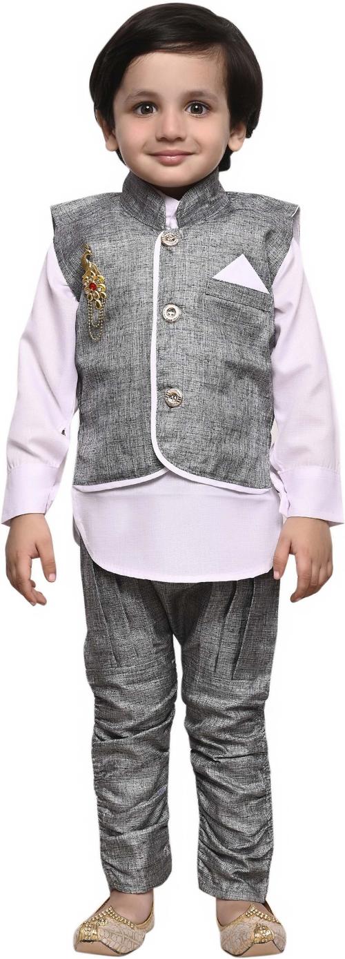 Kuwarsha Boys Grey Self Design Cotton Blend Kurta With Waistcoat And Breeches (5 - 6 Years)