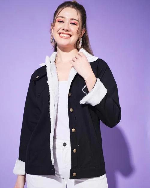 BuyNewTrend Black Twill Denim Long Women Fur Winter Coat