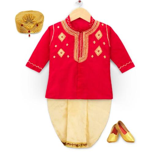 mustmom Boy's Cotton ,Dhoti Kurta-Punjabi Ethnic Wear For Rice Ceremony and festival Red