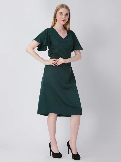 For U Latest Solid Georgette Midi Dress For Women Party Wear Western Dress For Women (Dark Green, L)