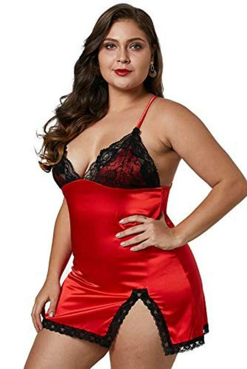 Plus Curvves Red Plus Size Satin Lace Chemise Dress - 3XL Size