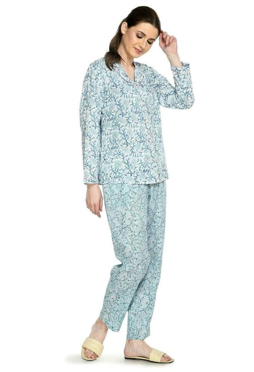 Shiva Trends Hand Block Printed Pure Cotton Full Sleeve Night Suit for Women's (Medi, Blue)