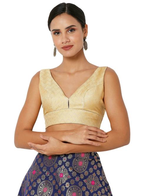 Salwar Studio Women's Dark Gold Brocade Self Design Readymade Saree Blouse