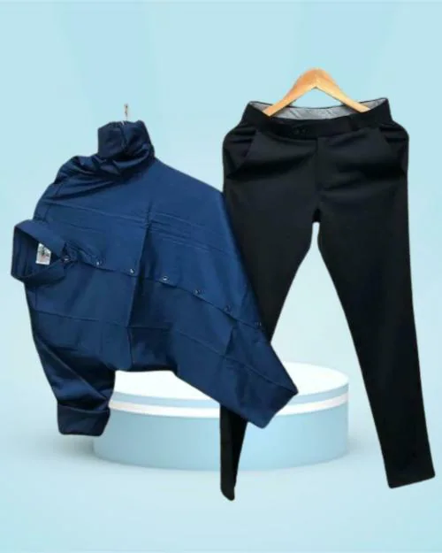 KALANABH Blue shirt & Black pant pair- Men's plain blue Casual Shirt with Long Sleeves & Laser Cut Collar- Regular Black formal Cotton Pant -Casual Wear Shirts & Pant for Men for Every Occasion (SIZE-S)
