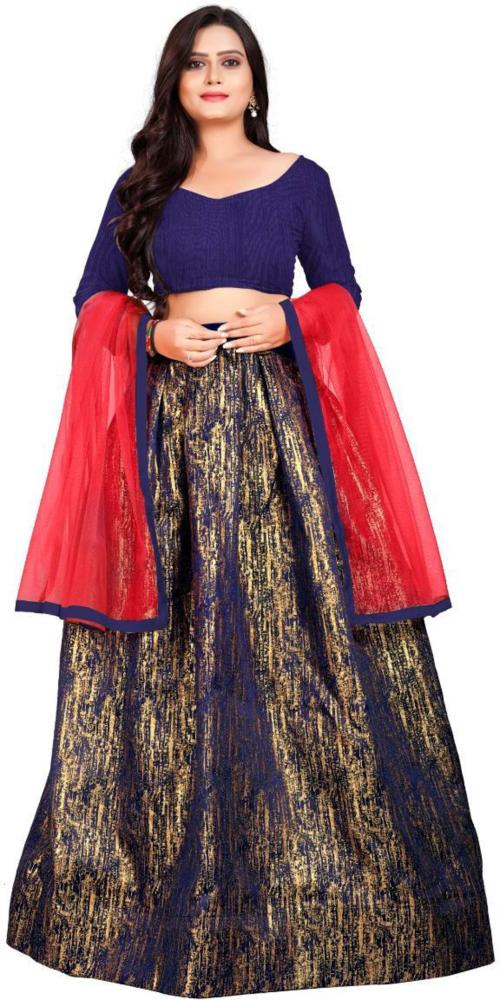 Harpita Women Blue, Gold Self Design Jacquard Lehenga Choli