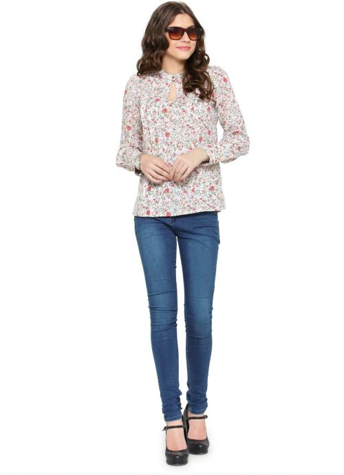 Pluss Women White Printed Cotton Blend Casual Regular Sleeve Top