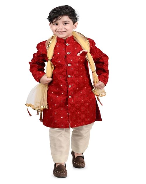 Buy NEW GEN Boys Maroon Self Design Art Silk Single Kurta Pyjama with ...