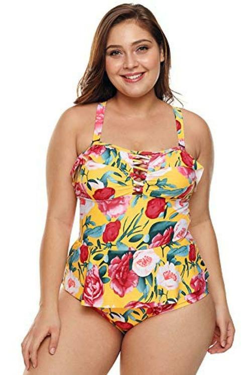 Plus Curvves Plus Size Floral Print Crisscross Detail Teddy Swimwear - 5XL Multicolour