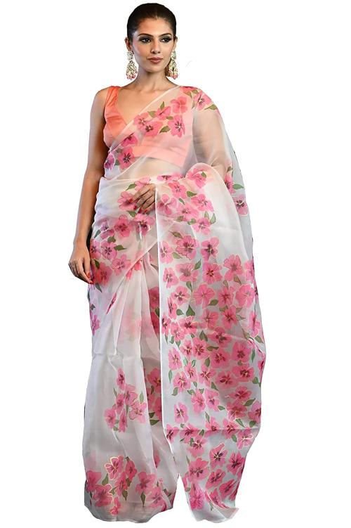 Pyos Women's White Floral Printed Organza Saree