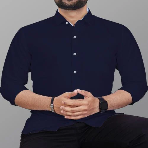 Lonexo Men's Cotton Blend Solid Slim Fit Casual Shirt, Full Sleeve Shirt for Formal & Casual Wear (Blue) (Size-L)