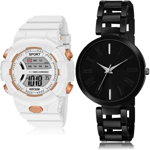 NEUTRON Classical Technology Digital Kids Watch And Simple Chain White And Black Colour Analog-Digital Plastic And Metal Belt 2 Watch Combo For Women And Girls - DG37-G610