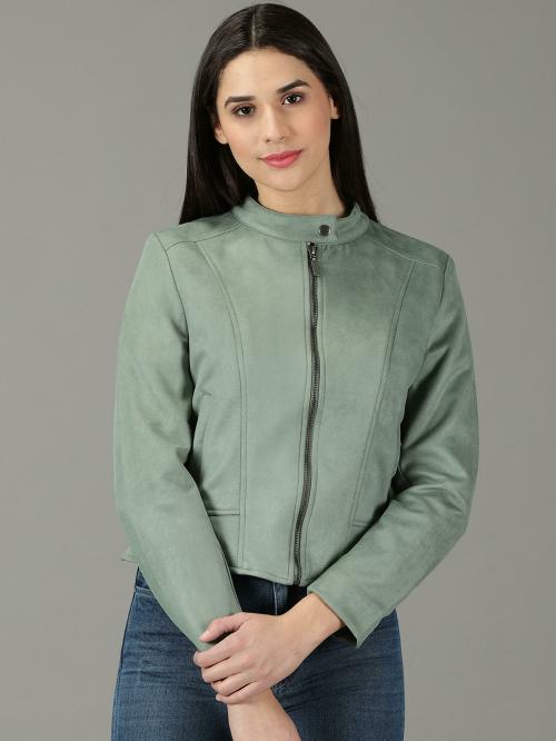 SHOW OFF Women's Sea Green Solid Open Front Jacket