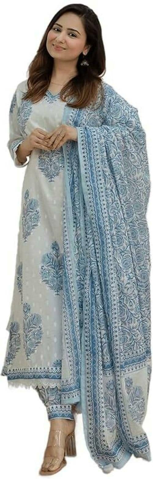 Nermosa Women White Printed Pure Cotton Kurta, Pant And Dupatta Set | Kurta Set Women
