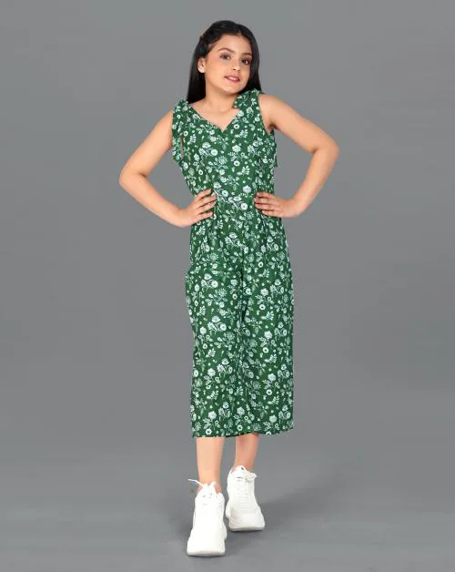 Fashion Dream Girls Green Floral Printed Cotton Jumpsuit | Girls Jumpsuit | Kids Wear | Jumpsuit For Girls | Jumpsuit Girls | Kids Jumpsuit