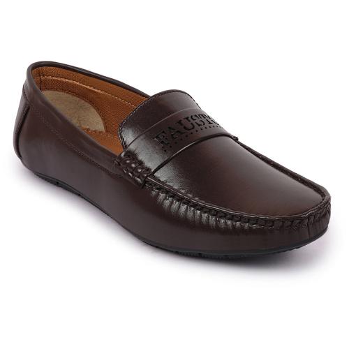 FAUSTO Basics Men Brown Laser Cut Logo Design Slip On Loafer Mocassin Shoes