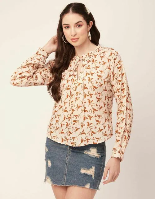 Moomaya Printed Women Top Long Puffed Sleeves Casual Viscose Tunic Top